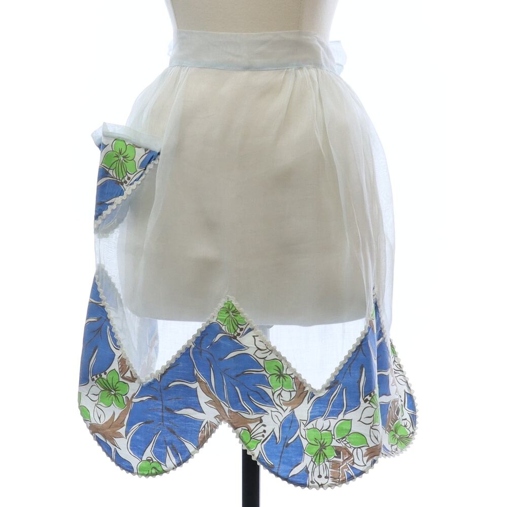Vintage 60s Sheer Blue Floral Waist Apron Cabin Print Home Sewn